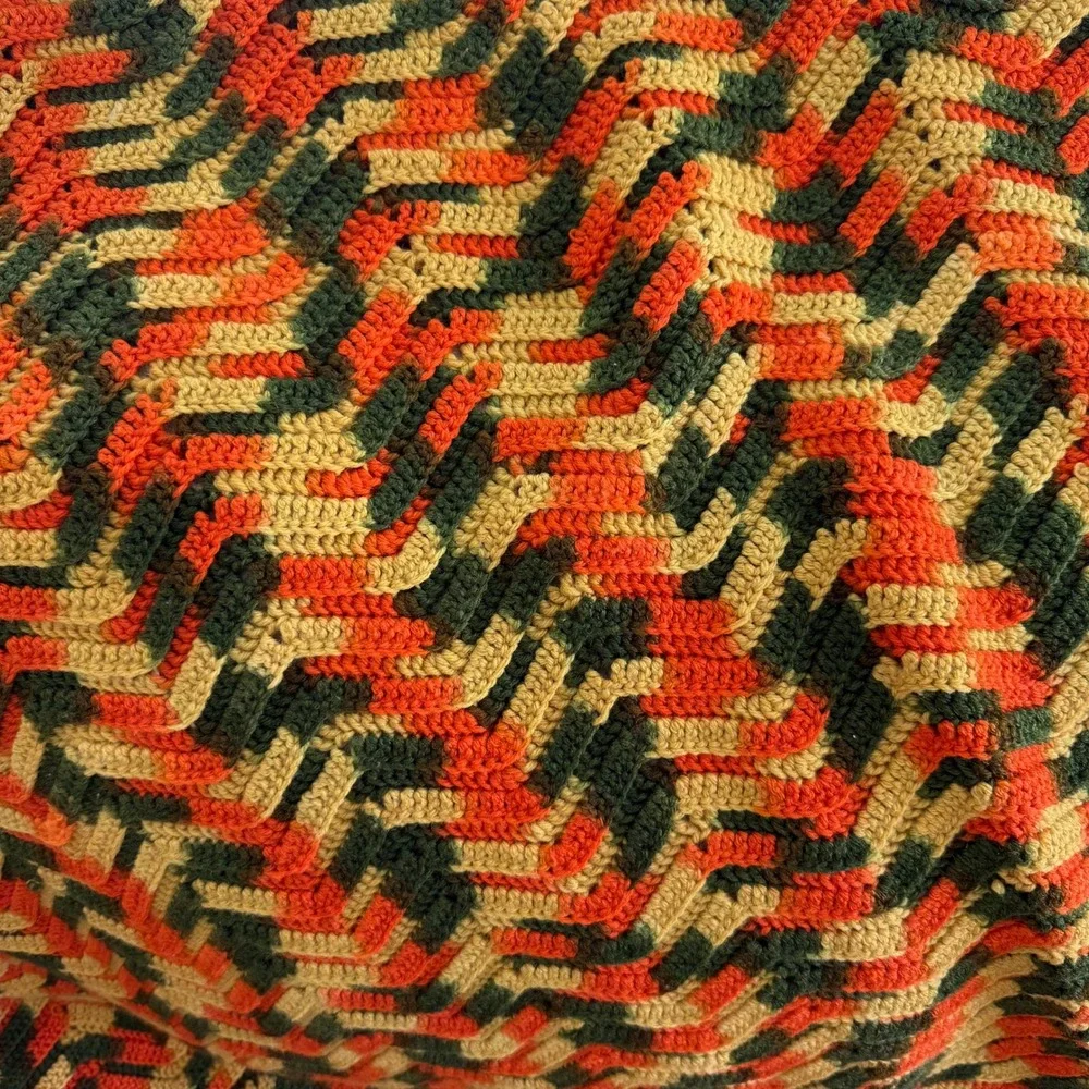 Handmade Crochet Afghan Throw Blanket Chevron‎ Ripple Green Orange Gold Vintage